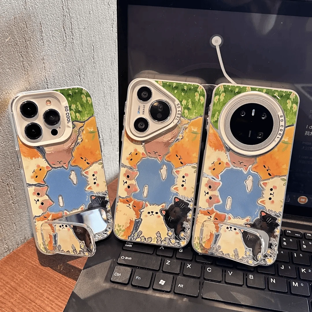 蓝天猫咪镜子支架适用苹果16Promax可爱手机壳vivo华为oppo小米女