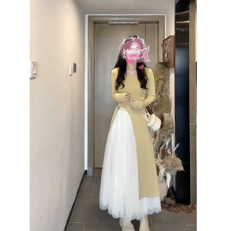 现货秒发---连衣裙裙子长袖高腰长款温柔显瘦气质长裙法式小众