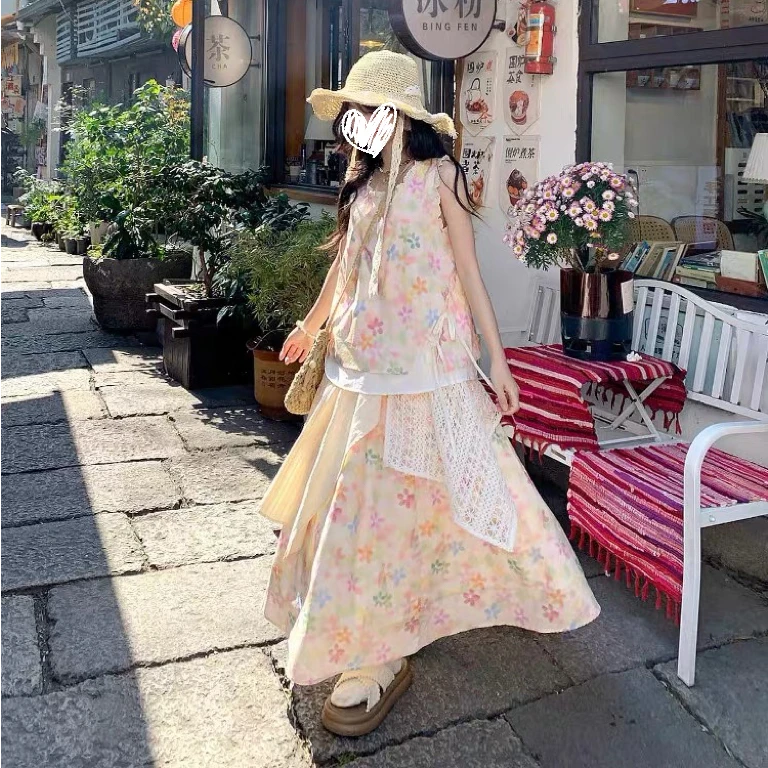 2025夏季新款彩虹碎花印花套装蕾丝背心上衣拼接古着感半身裙