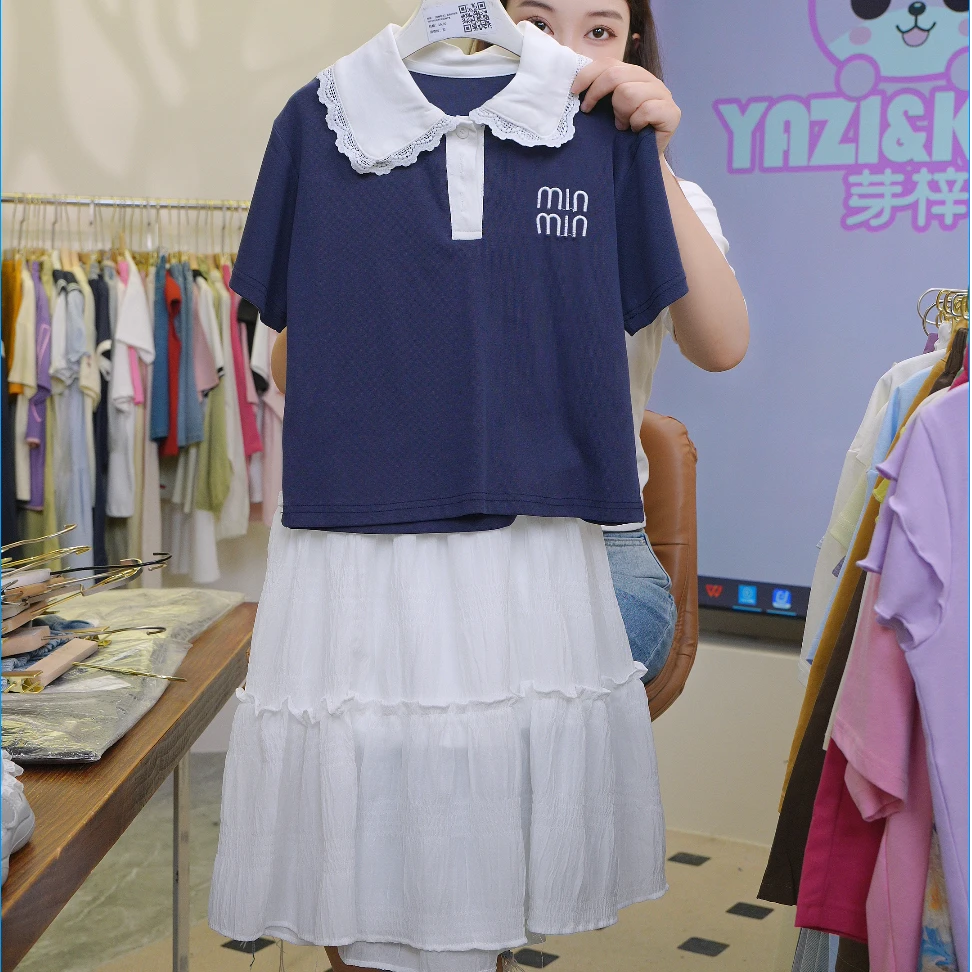 【芽梓制衣】2025新款女童学院风时尚娃娃领T恤+半身裙套装-TZ25015