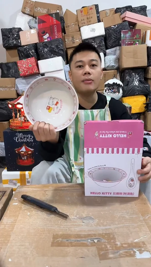 瓷片粉色原盒kt猫碗勺套装