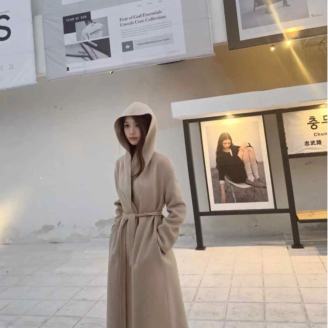 Pimpimxin【绵羊毛+山羊绒】双面呢大衣女中长款气质连帽慵懒风外套
