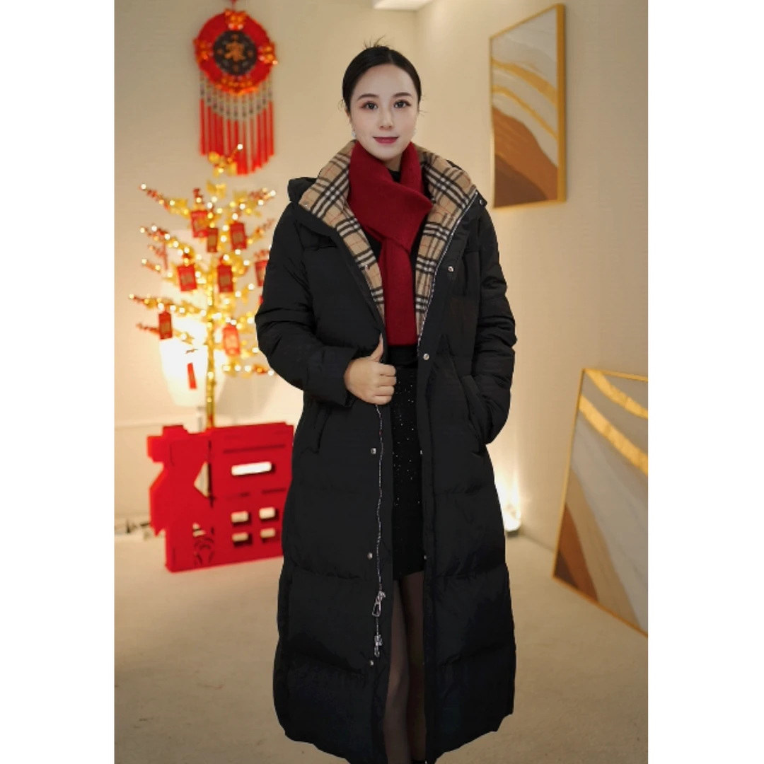 【卡李尼】巴格羊毛内里加厚90白鸭绒长款保暖收腰羽绒服红色羽绒服