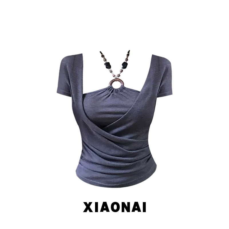 大码胖MM纯欲辣妹风串珠挂脖短袖T恤女夏季新款修身显瘦灰色上衣