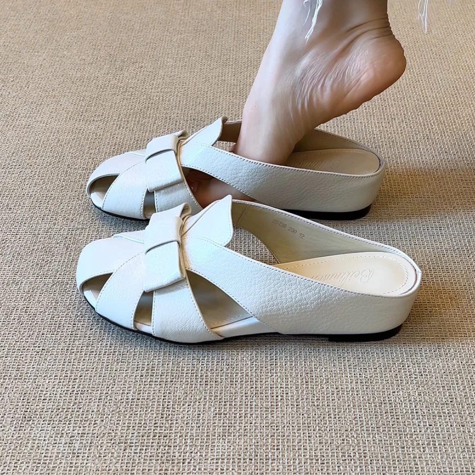 RubyL/4.5cm休闲通勤内增高百搭蝴蝶结镂空圆头外穿包头凉拖鞋