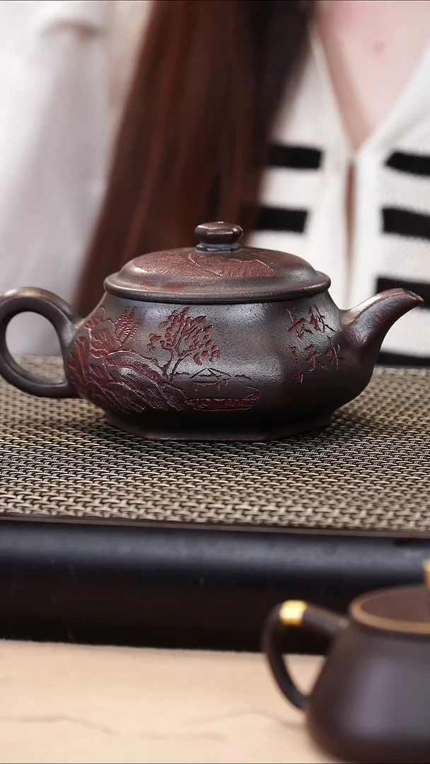 茶壶紫砂古铜泥精工刻绘六方明炉220cc