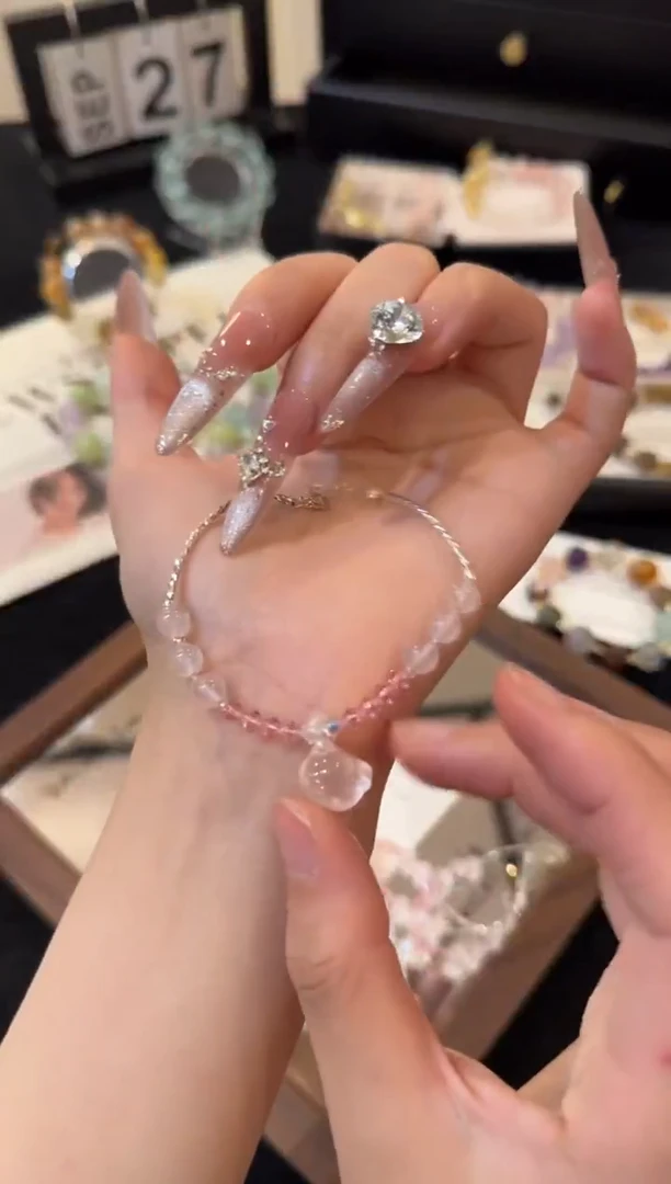 银S925镶嵌手链水晶Kitty粉水晶x2310