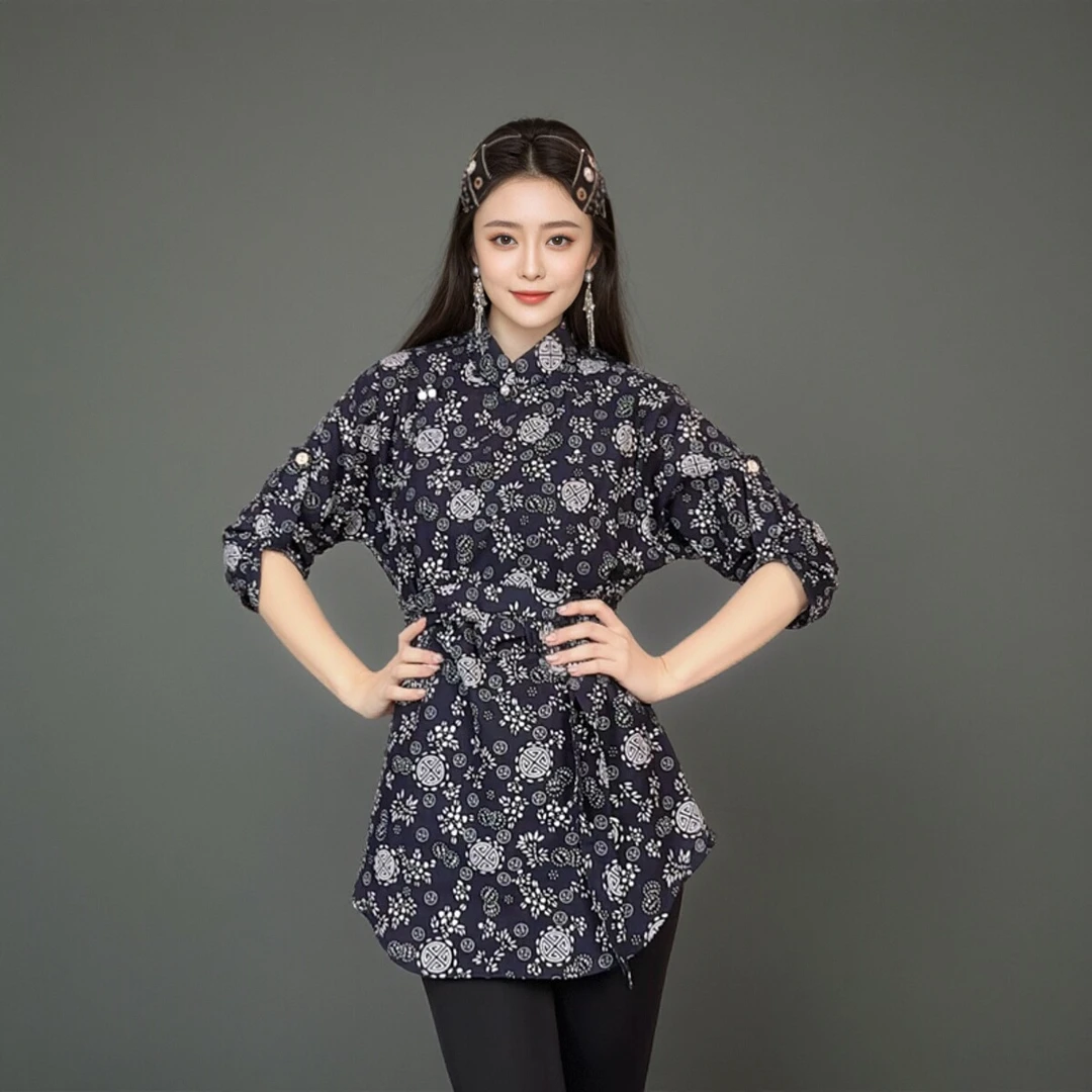 少数民族蒙古元素中长款青花瓷半袖夏季现代民族风小衫遮肉显瘦