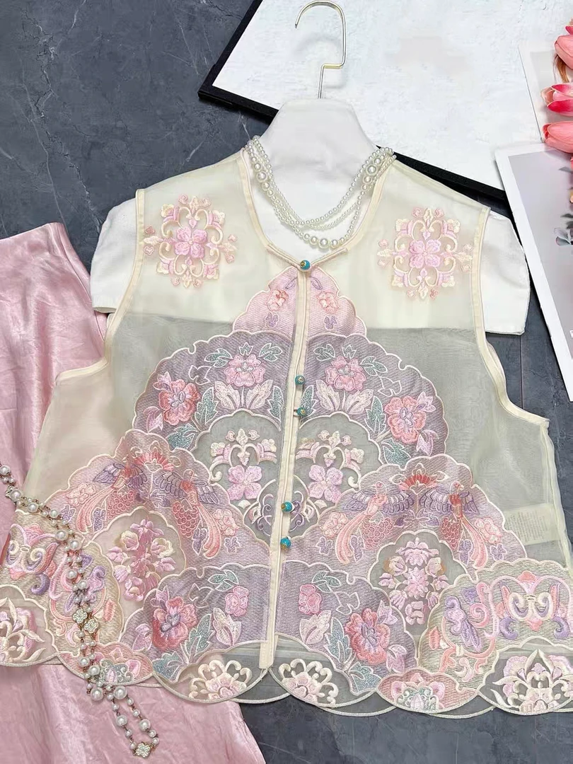 夏超薄透气真丝欧根缎绣花马夹新中式国风圆领别致纽扣马甲