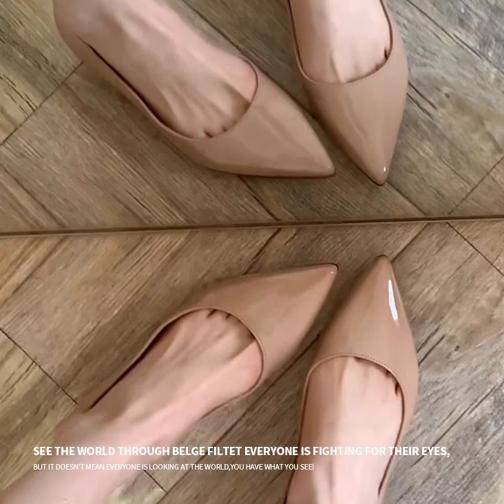 2025年新款法式裸色漆皮内增高尖头平底鞋女浅口单鞋百搭通勤女鞋