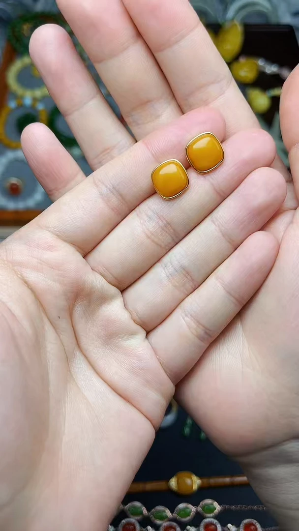 蜜蜡银S925镶嵌耳饰方糖耳钉 06