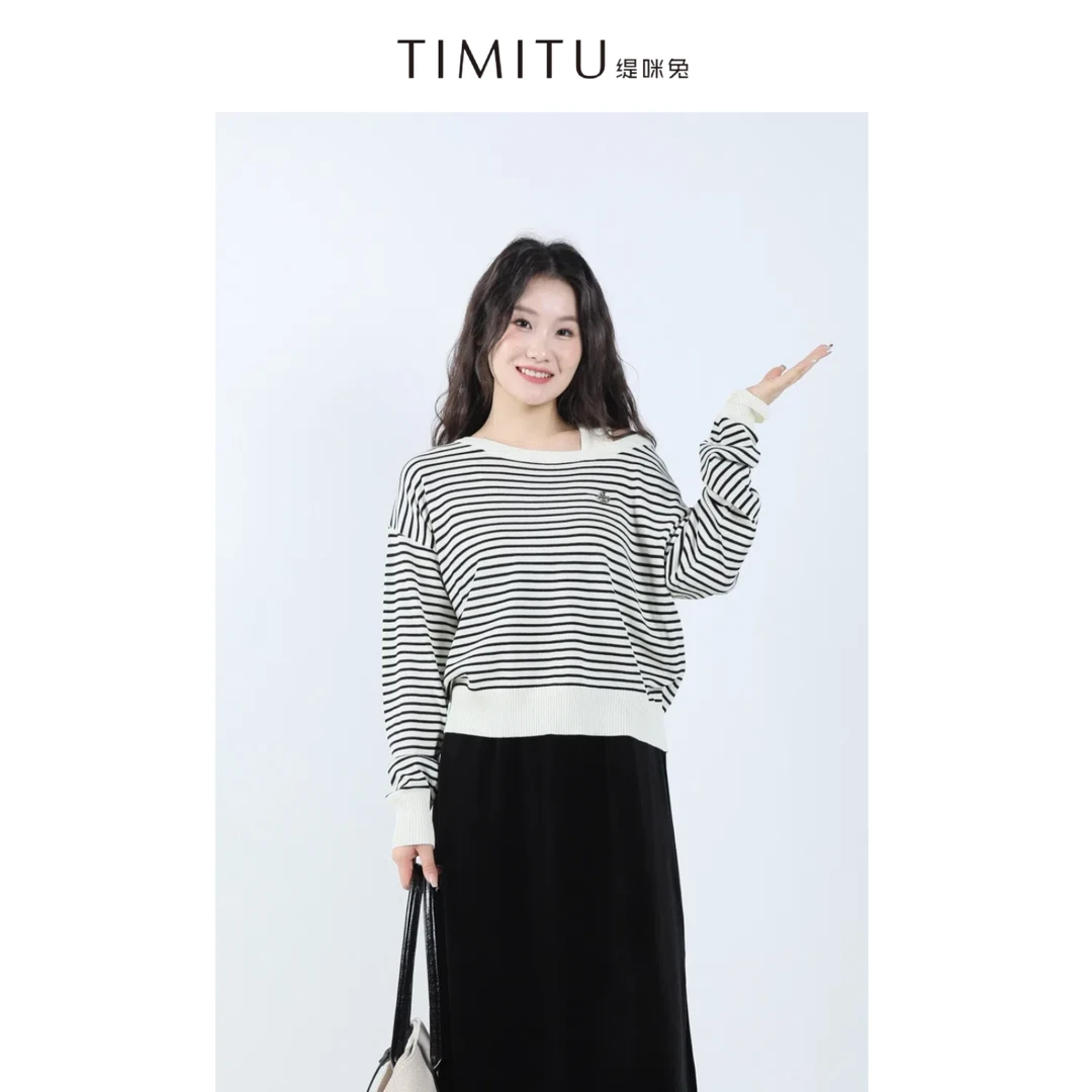 TIMITU缇咪兔韩系慵懒休闲宽松斜肩条纹背心针织两件套34322014