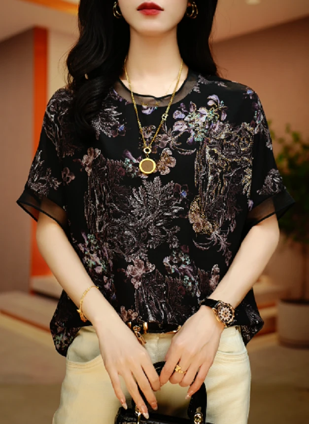 蝶影幽兰-春季极简风减龄优雅轻奢时尚百搭气质圆领上衣