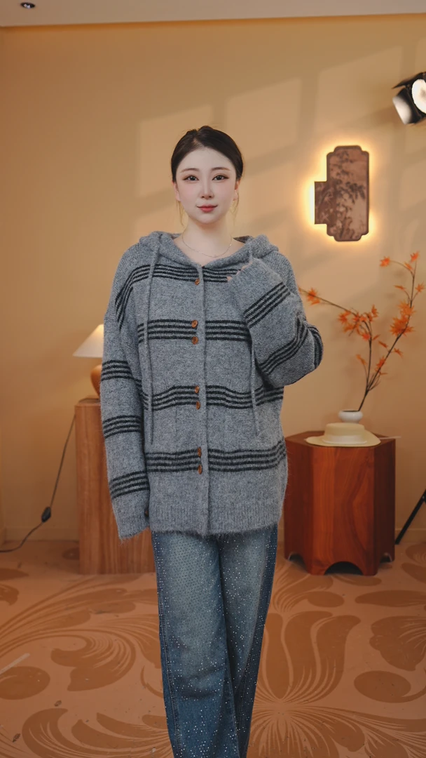 境树（OTD双扣间隔条纹帽衫开衫女装针织毛衣）