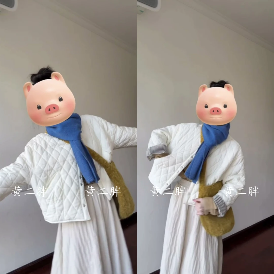 韩版秋冬新款休闲百搭圆领单排扣菱格棉服外套女衬衫围巾裙子套装