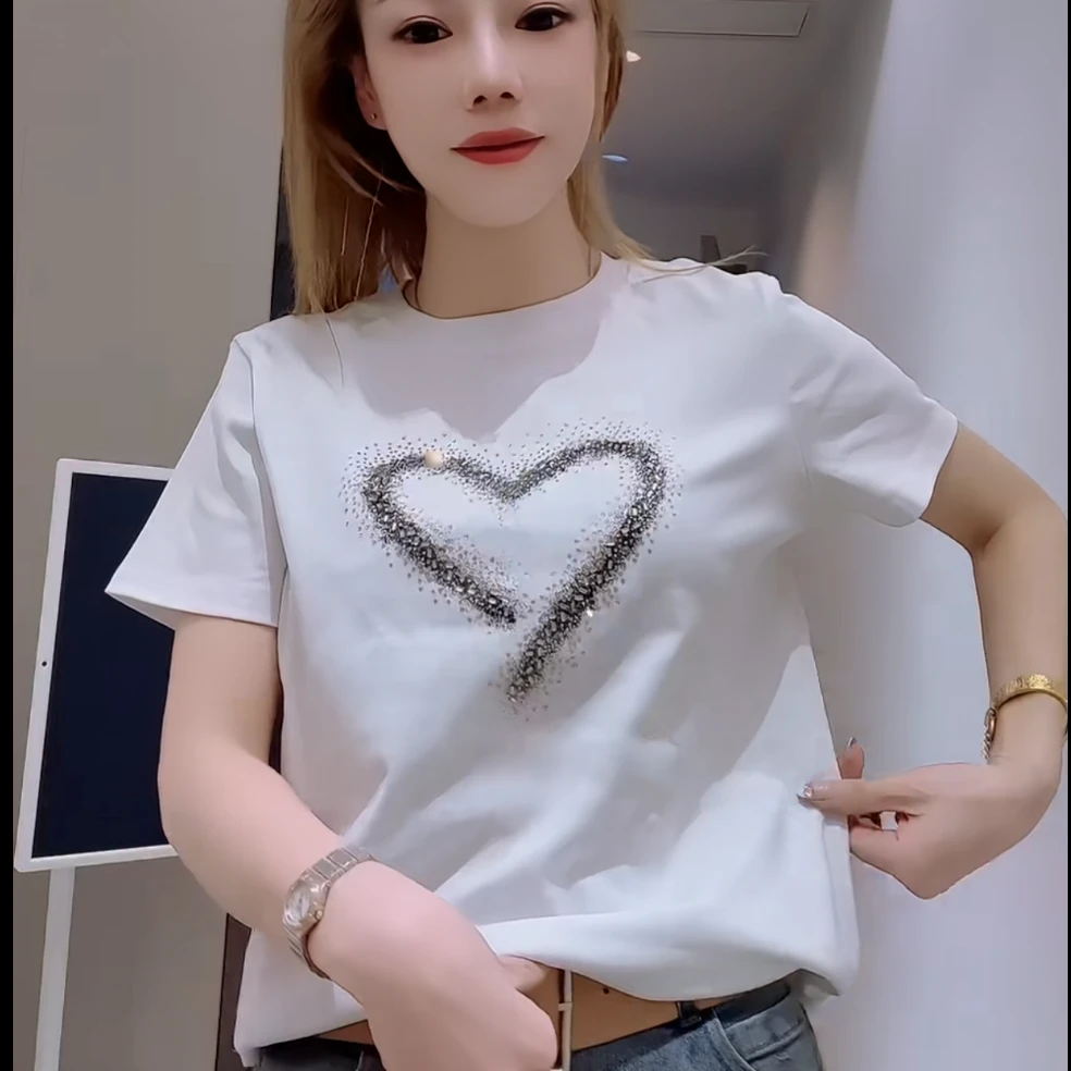 2025女春时尚设计感气质百搭烫钻显瘦休闲简约短袖T恤上衣潮9906