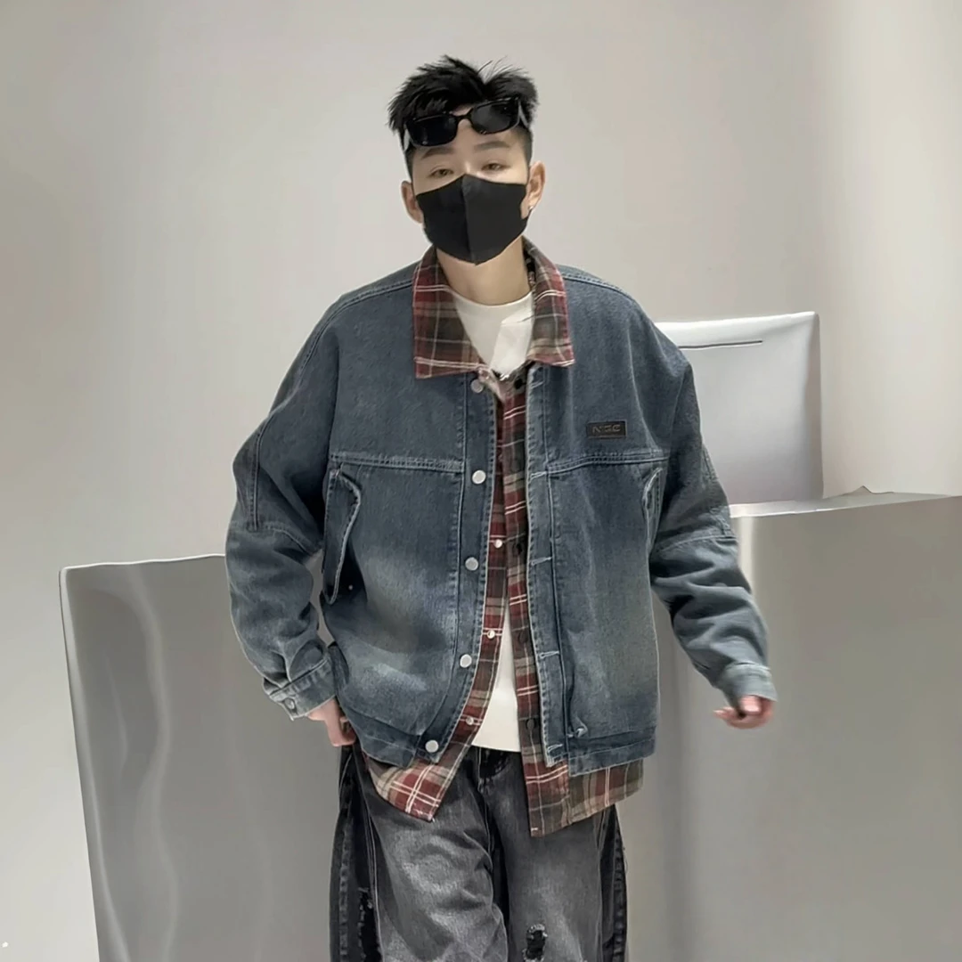 牛仔拼接假两件夹克男秋季潮流痞帅时尚格子翻领上衣外套NYG-517