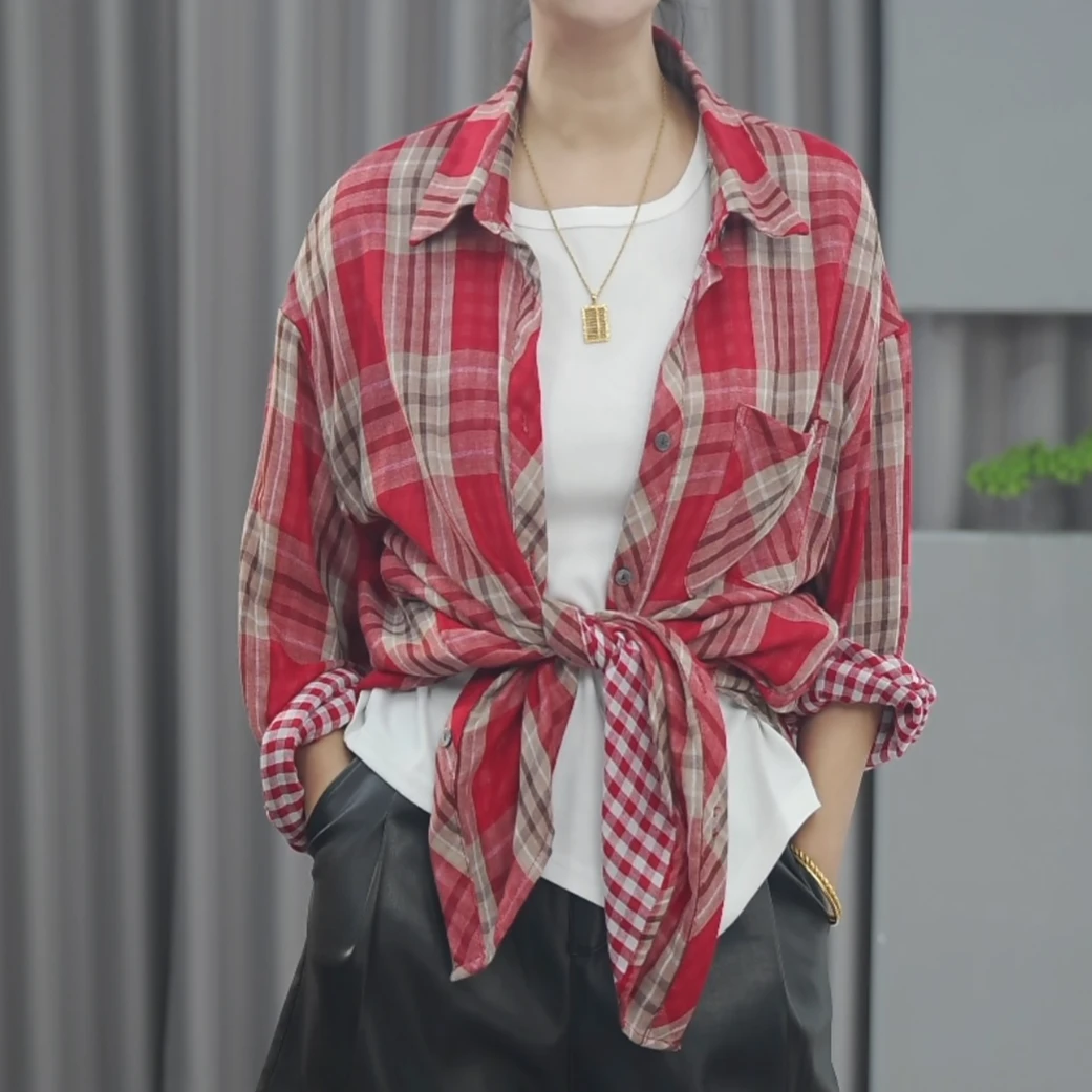 【衣长75-77】纯棉双层纱韩版大码衬衫休闲柔软宽松格子外套2507-1