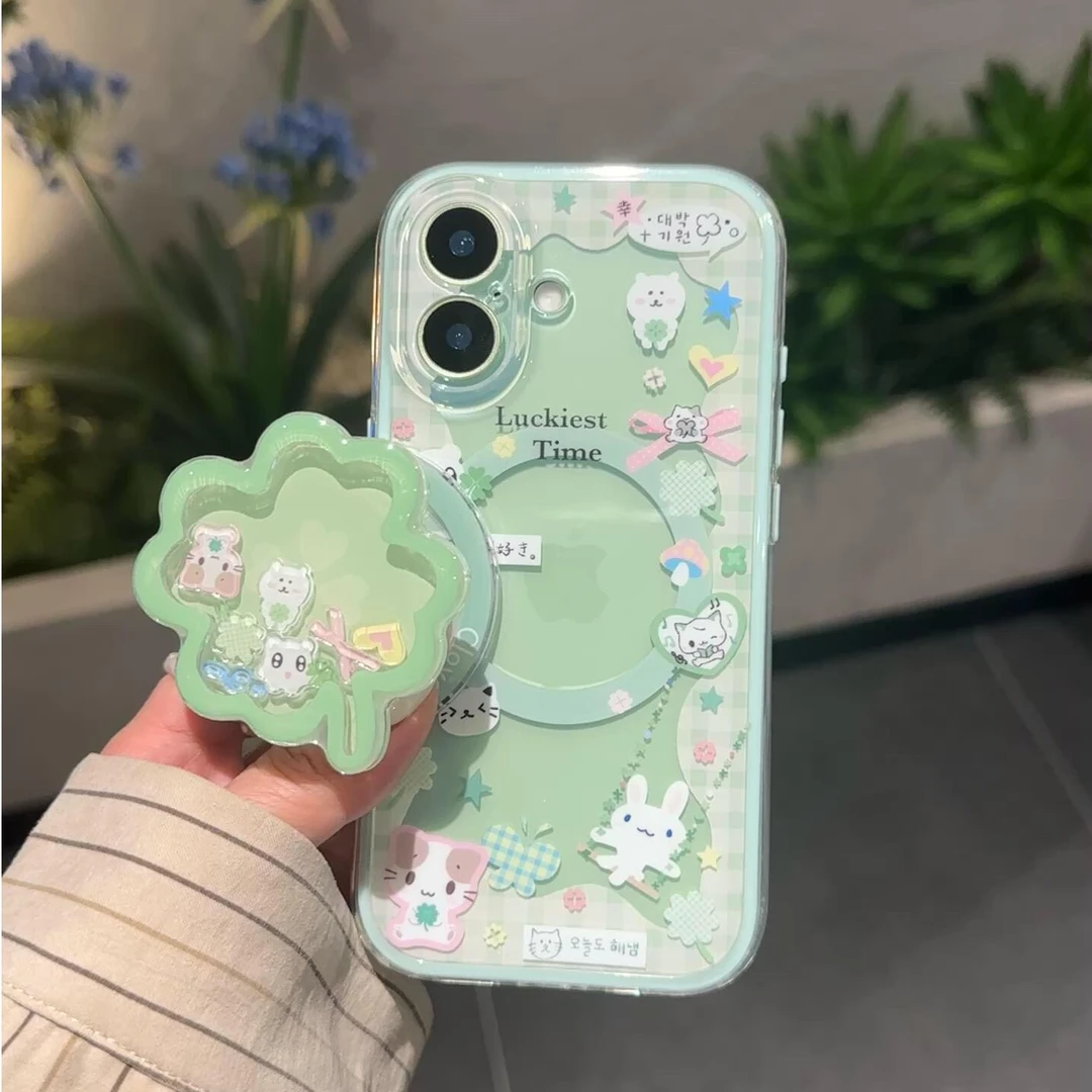 可爱四叶草萌物磁吸支架适用苹果17promax手机壳iphone16二合一15