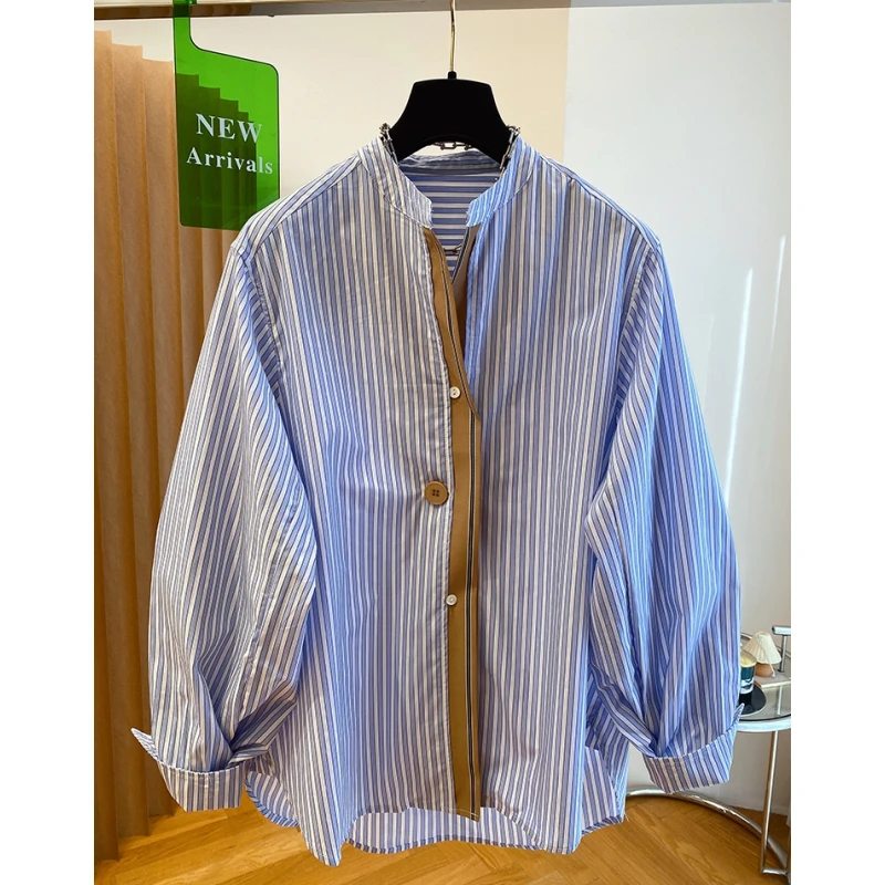 欧货蓝色条纹衬衫女2025早春新款宽松百搭时髦设计感长袖气质上衣