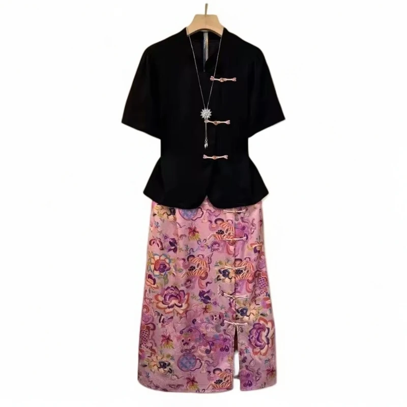 中国风通勤时尚套装新中式女装套装显瘦网红短袖气质印花夏季