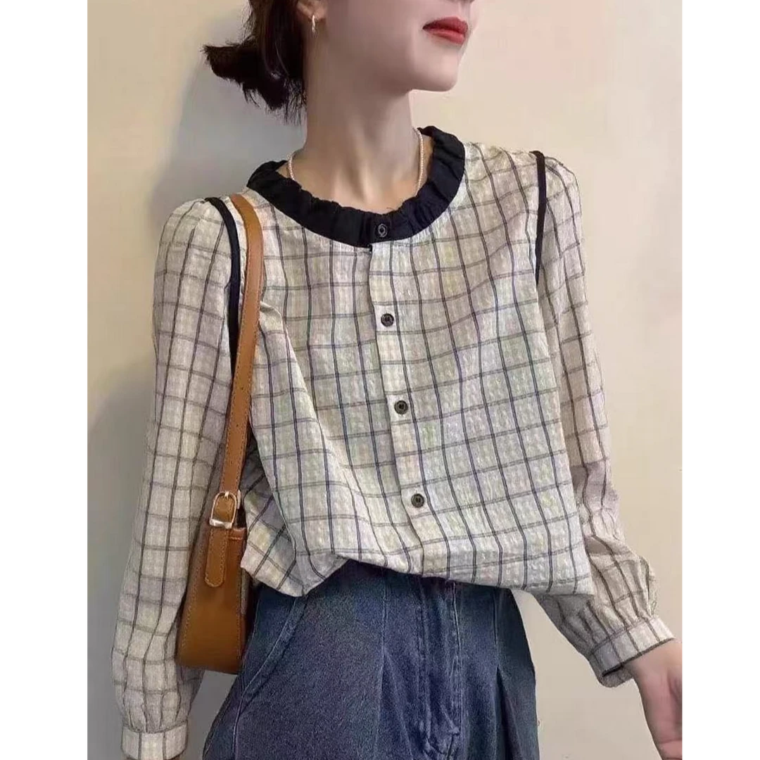 2025年新款时尚娃娃领格子撞色短袖衬衫女泡泡袖洋气6699