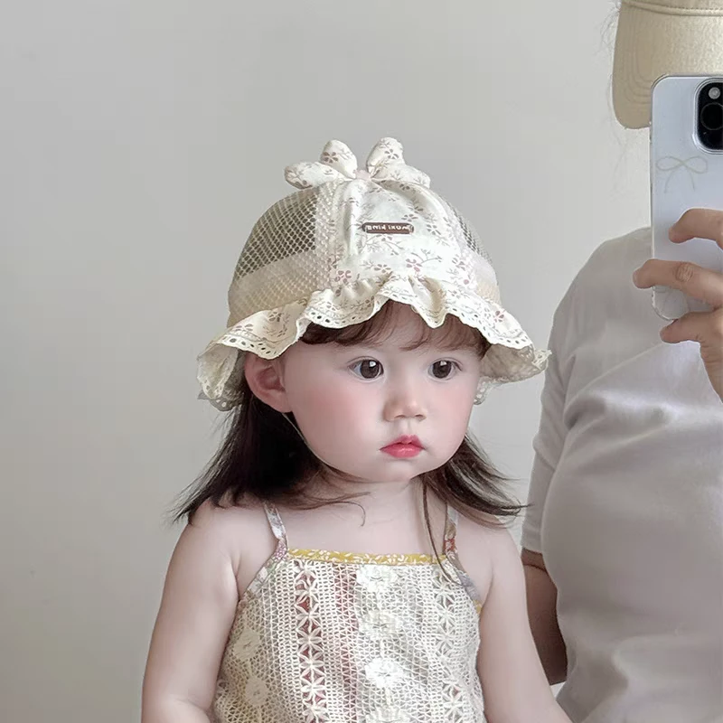 婴儿帽子夏季薄款透气网眼甜美渔夫帽女宝宝遮阳防晒小月龄盆帽潮