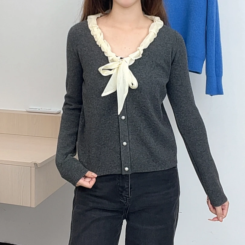 女长袖毛针织衫早秋法式羊毛开衫v领上衣秋冬时尚
