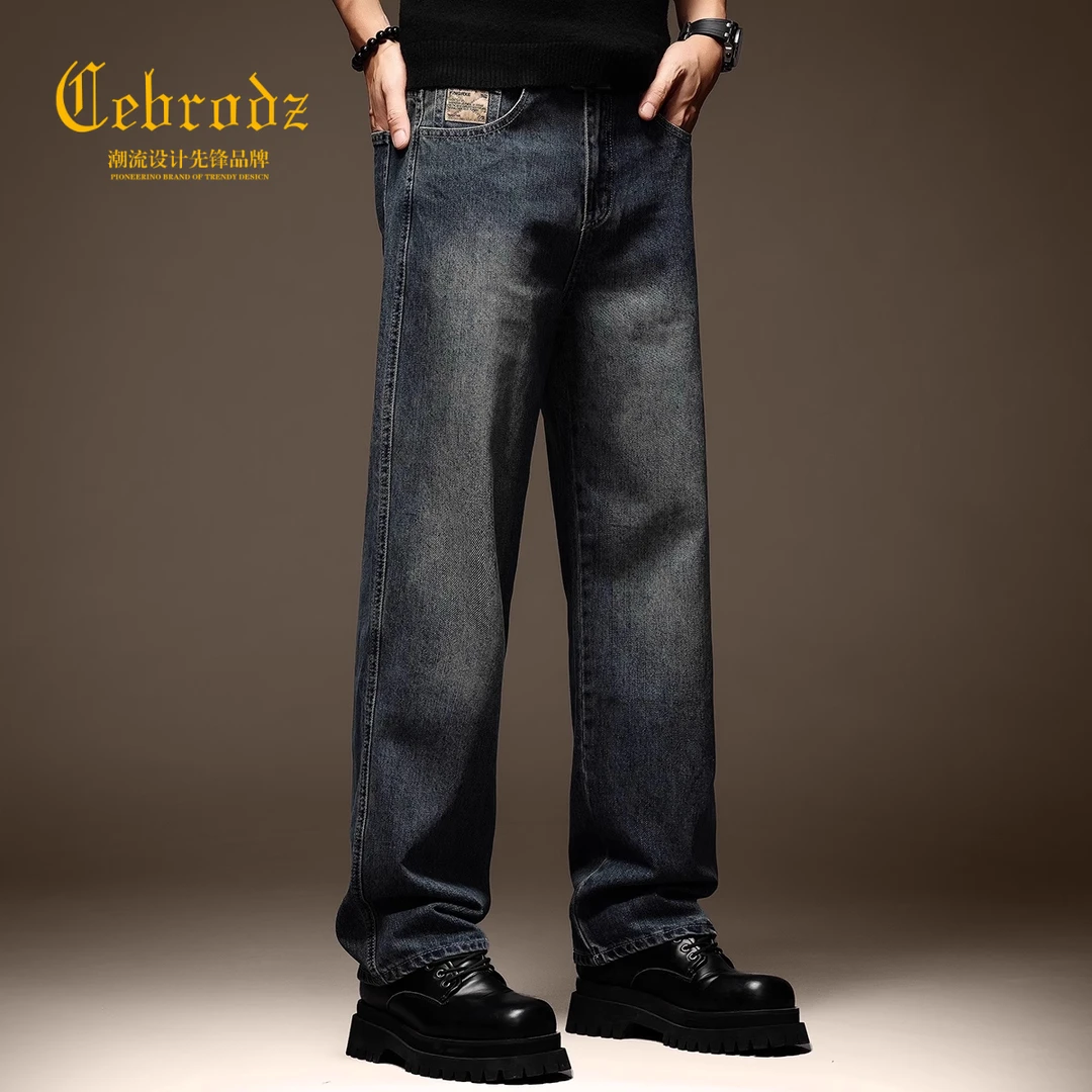 Cebrodz美式复古直筒水洗牛仔裤男秋季潮牌宽松大码阔腿拖地男士