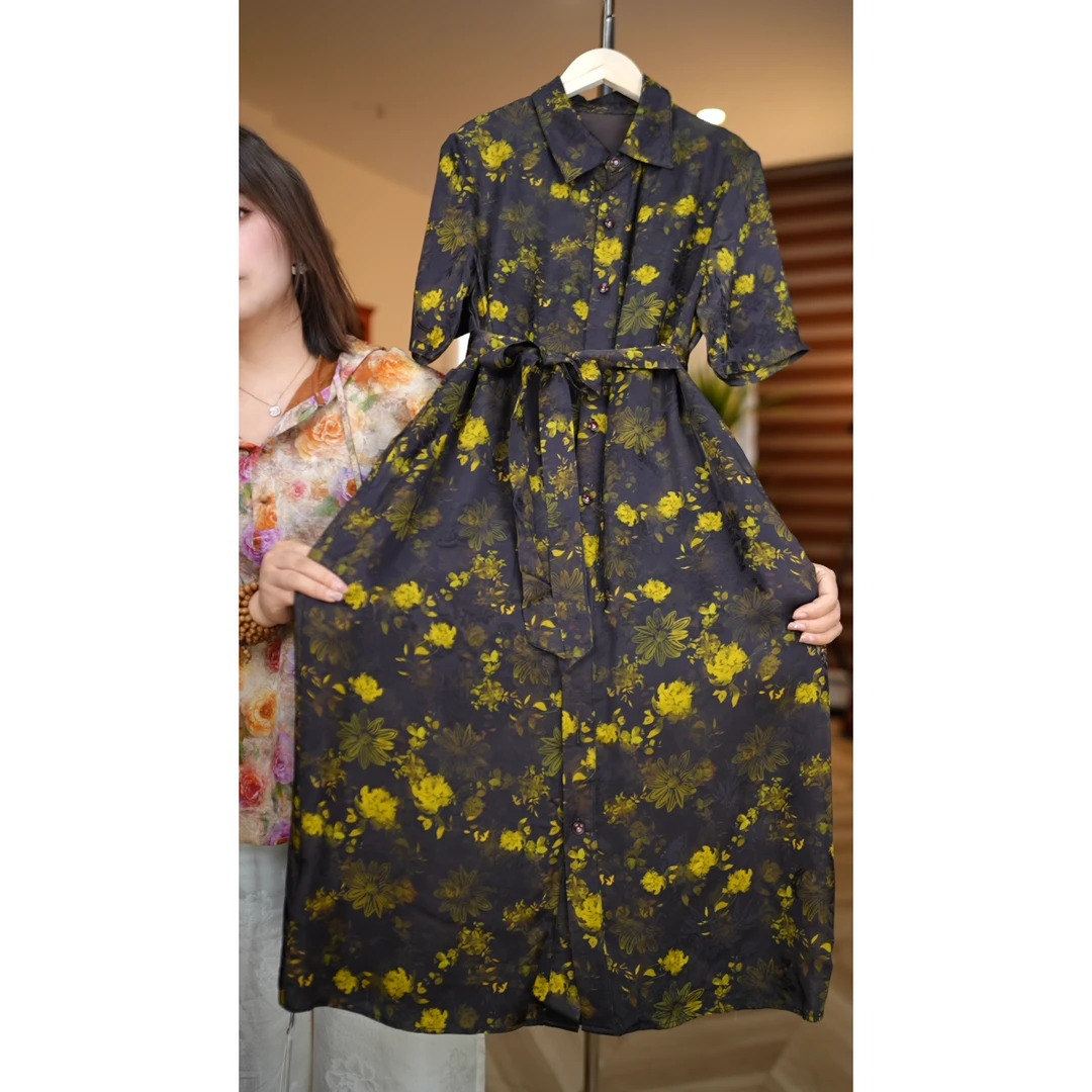 新款2025超显亮木薯真丝质感连衣裙T1474