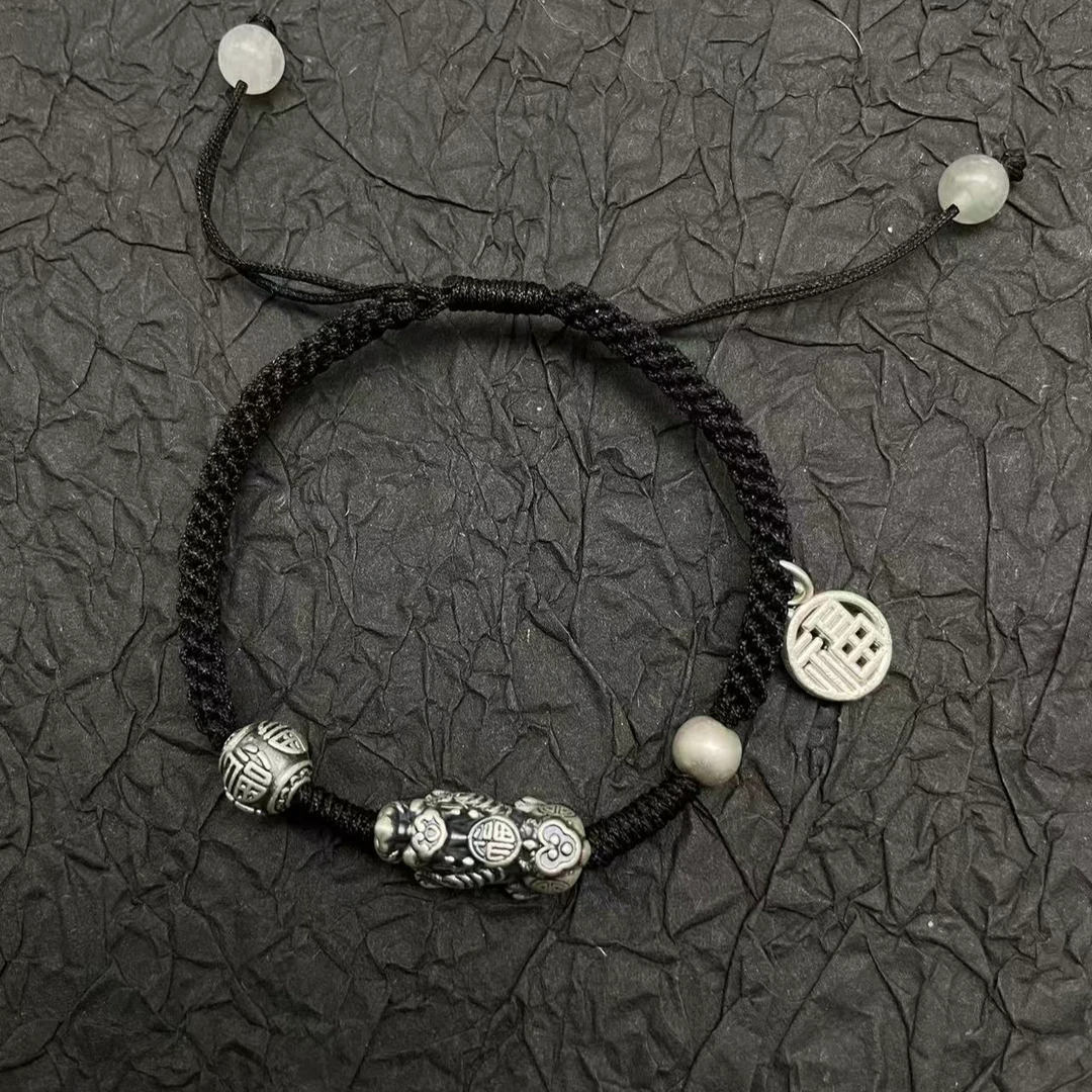 足银手链 a25双福貔貅男士足银纯手工编制可调手绳