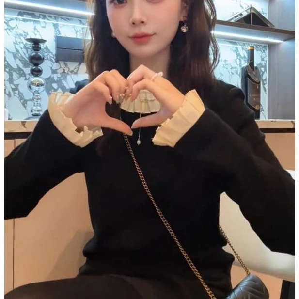 温柔拼接荷叶领打底衫女秋冬季新款洋气独特宽松显瘦百搭气质上衣