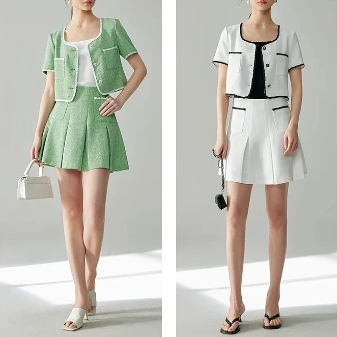 F1785-【摩】通勤小个子单排扣短袖方领短外套#ZMF56W005