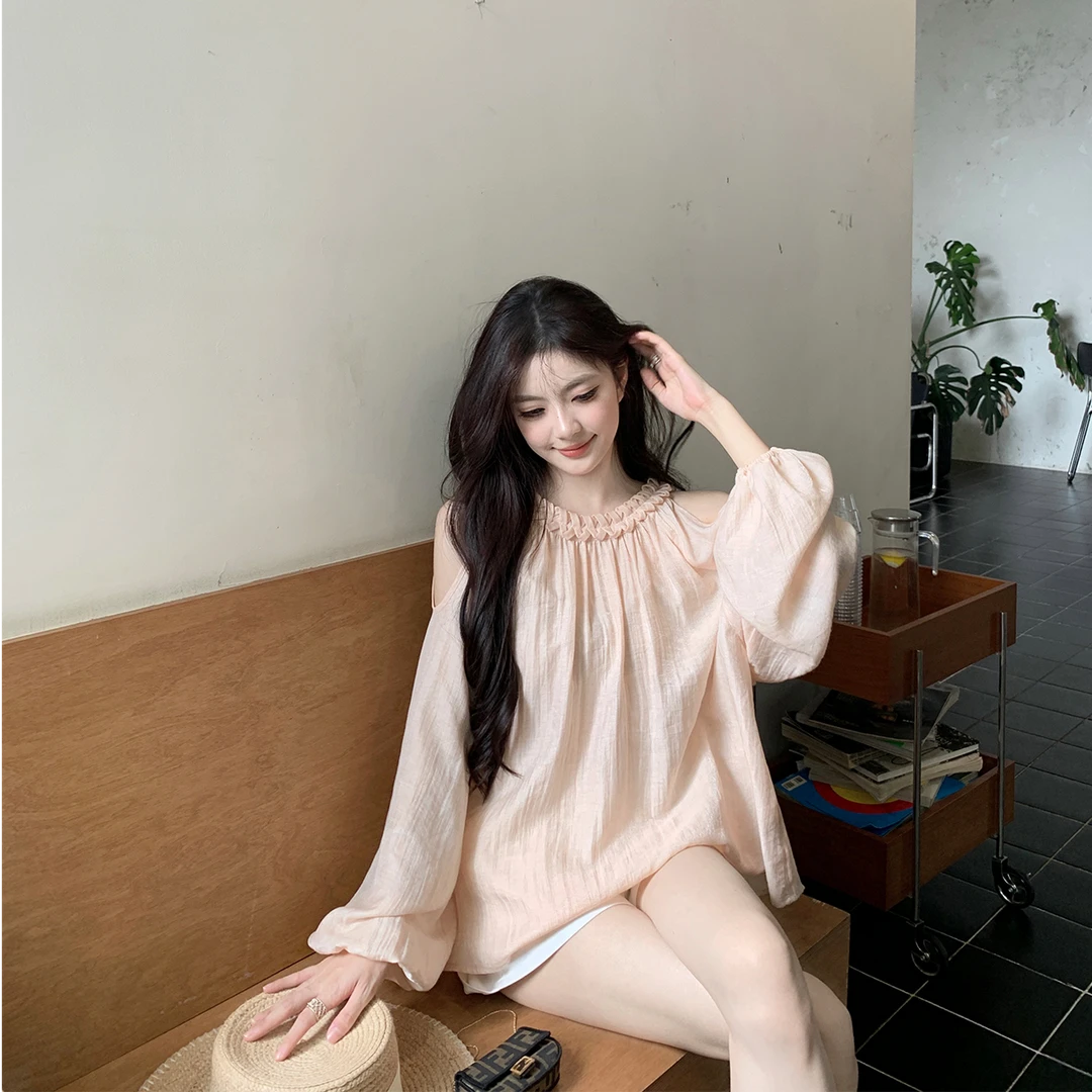 Zzhen【西奈山少女】温柔肌理感微光露肩小衫宽松气质上衣DCS459