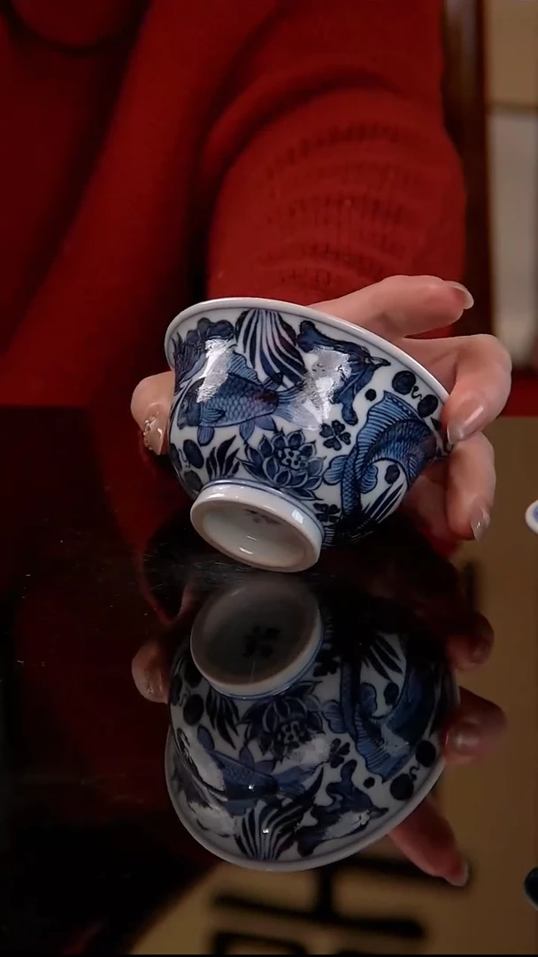 元青溯古仿元青花鱼藻纹压手杯