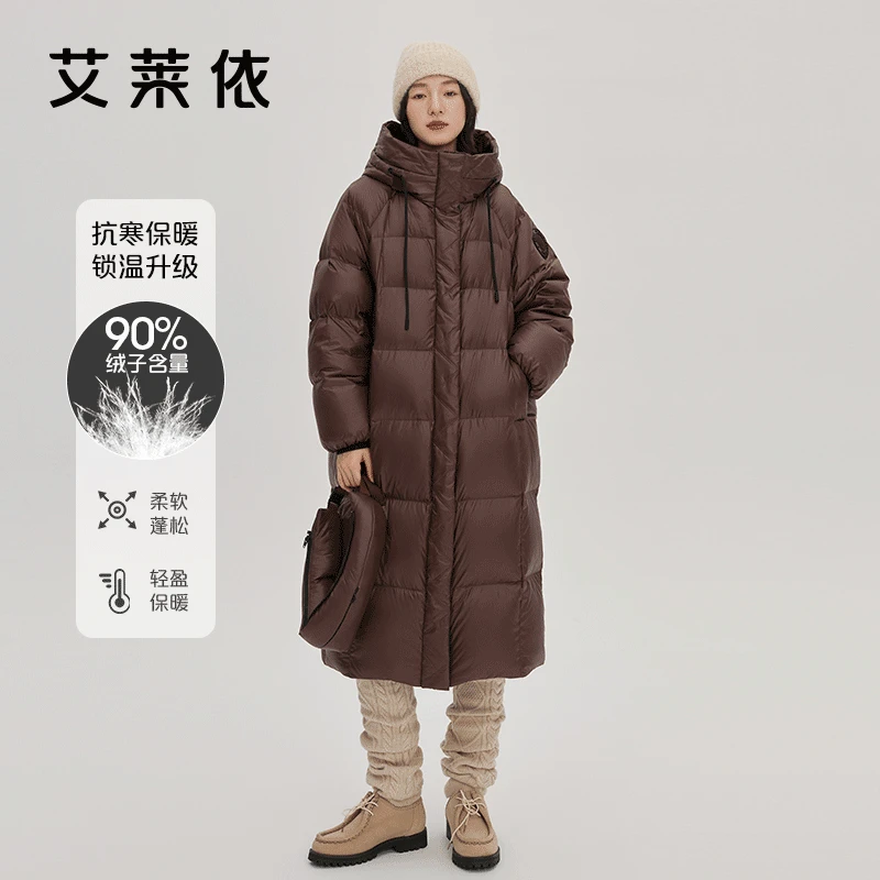 艾莱依冬季连帽长款羽绒服2024冬季新款时尚休闲加厚保暖外套1046