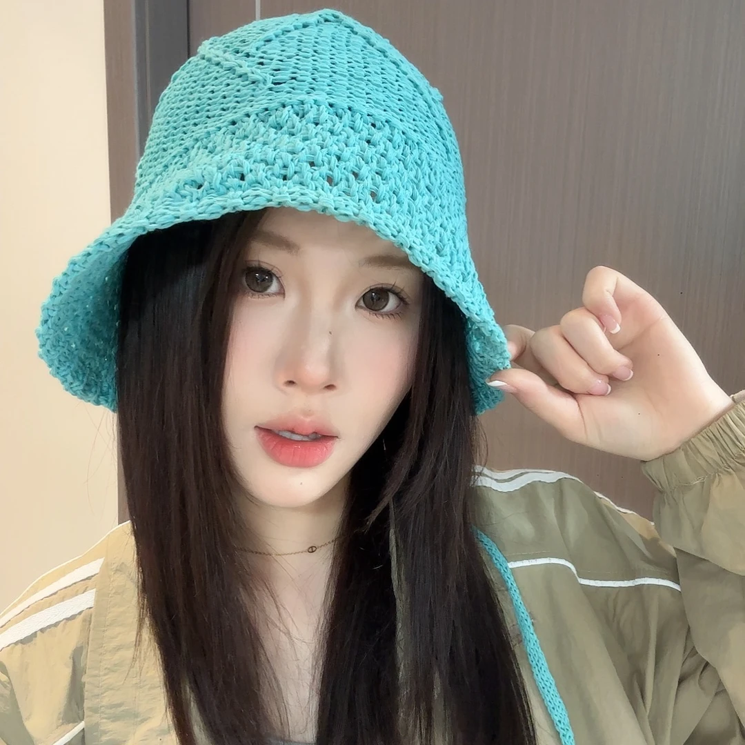 韩版针织镂空系带渔夫帽子女春夏季透气盆帽户外出游拍照小众帽子