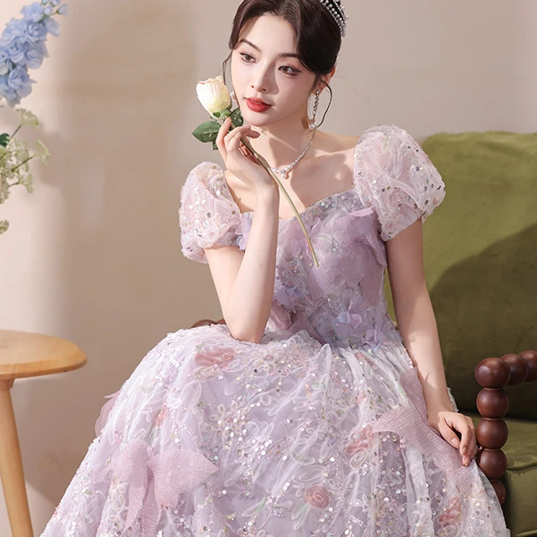 紫色宴会晚礼服2025新款仙气质泡泡袖蓬蓬纱公主裙艺考年会小礼服