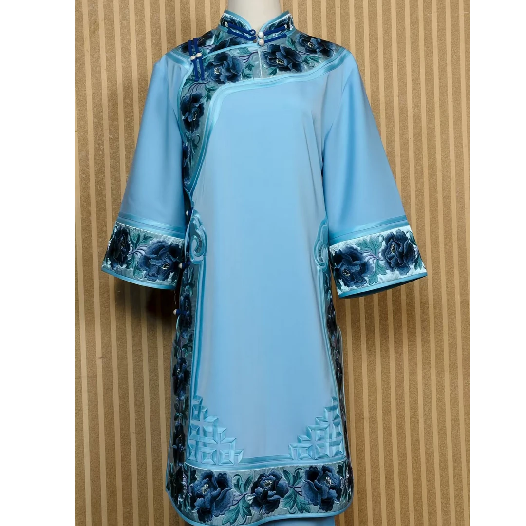 礼服中式蓝色服装民族服装旗袍裙复古传统中长款彝族女装