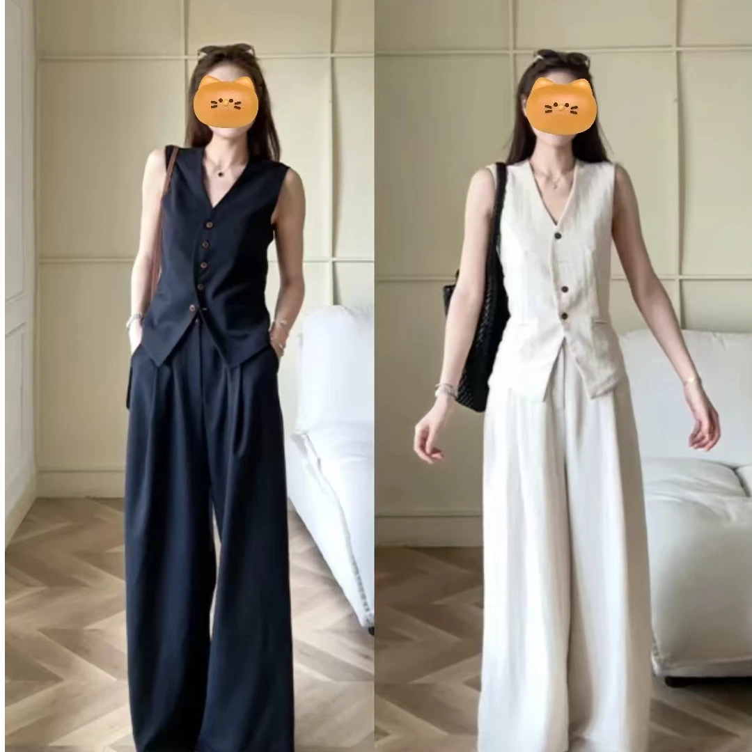 老钱风亚麻套装女夏2025新款薄款气质马甲阔腿裤两件套