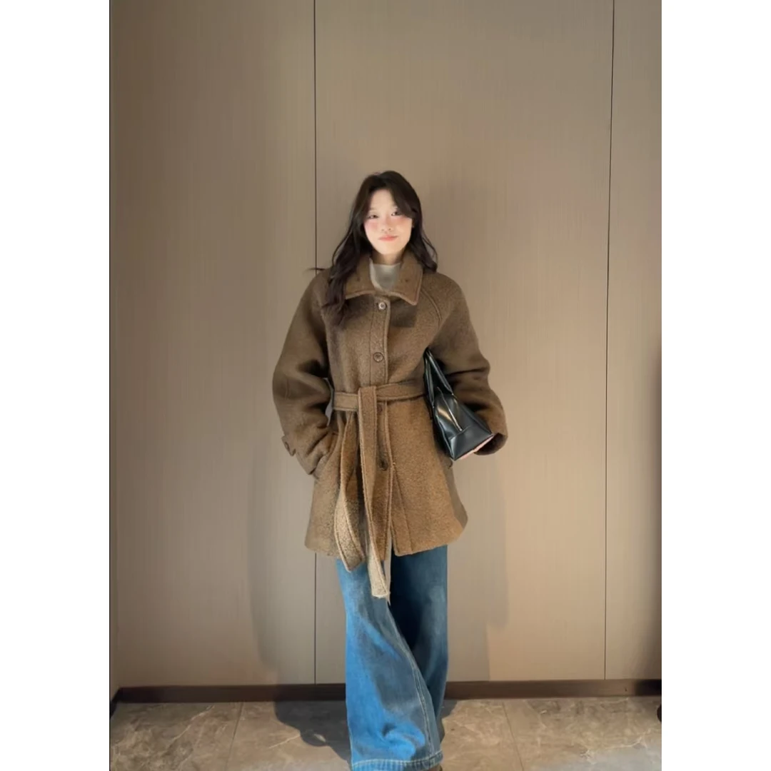 26086#韩系中长款单排扣显瘦羊毛外套女