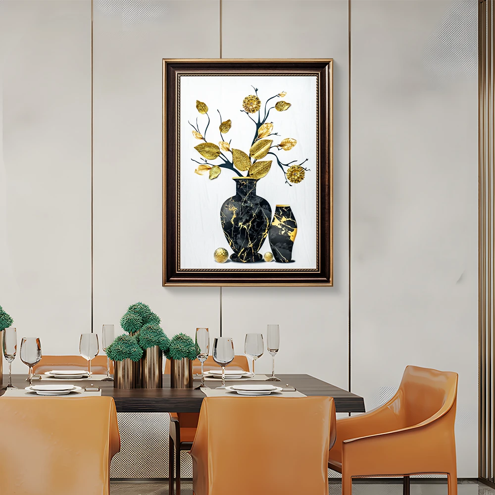 欧式立体金叶实物装饰画餐桌背景墙贴钻挂画卧室床头客厅墙画6080