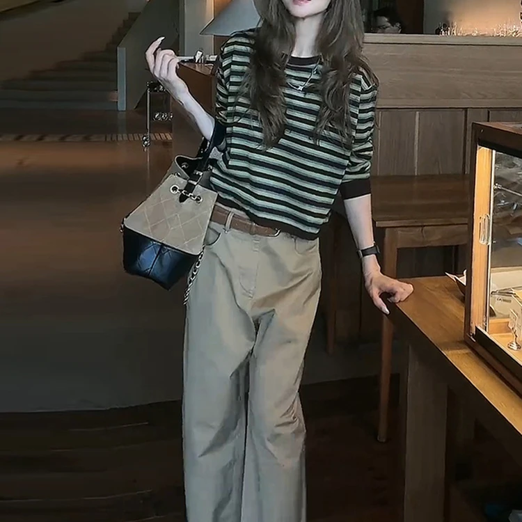 时尚套装女2025秋季新款洋气质温柔条纹长袖T恤阔腿裤休闲两件套