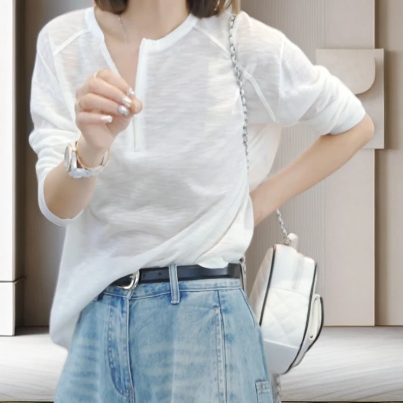 【氧气少女】2025百搭超薄天丝亚麻防晒针织衫宽松慵懒风上衣白色