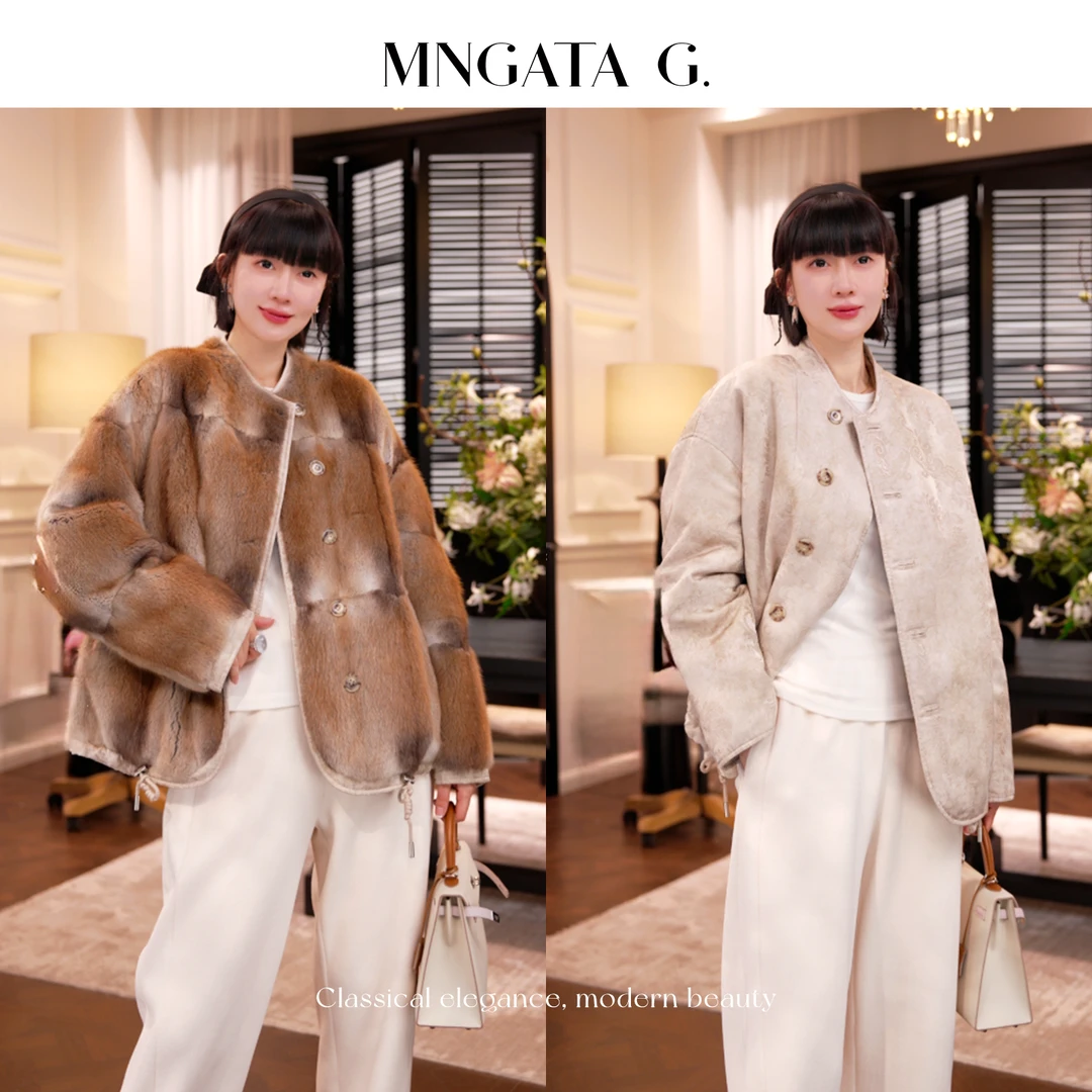 MNGATA G.宫小妍 原色小青 双面穿水貂新中式百搭提花外套5112152