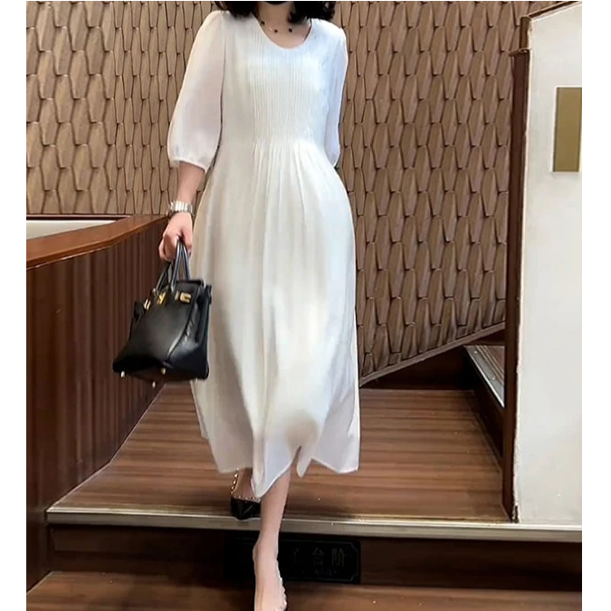 高级感连衣裙女2025夏季新款宽松显瘦温柔减龄七分袖气质裙子A396