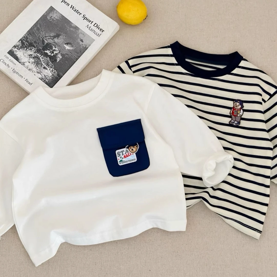 儿童长袖T恤男春秋季小童装条纹口袋上衣宝宝卡通打底衫女洋气潮