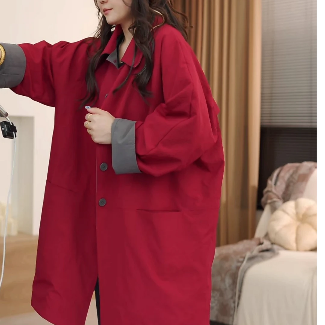 museguhui/木色古汇5369#拼色双面穿气质秋款长袖宽松复古外套