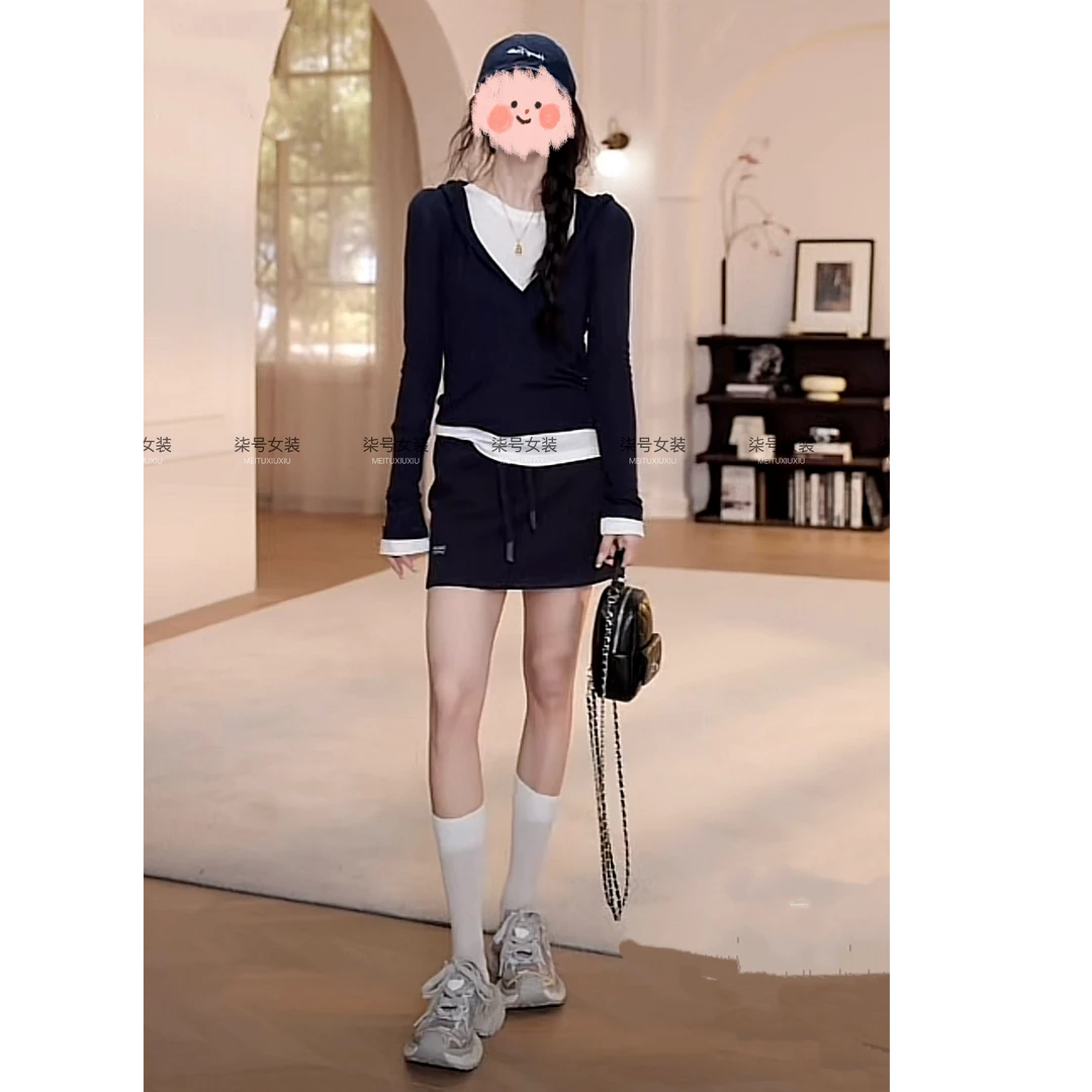早春穿搭一整套时尚百搭假两件连帽长袖上衣高腰显瘦休闲半身裙女