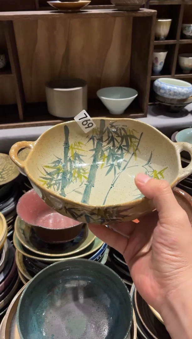 瓷片ঞ****?769手工手绘双耳盘1个
